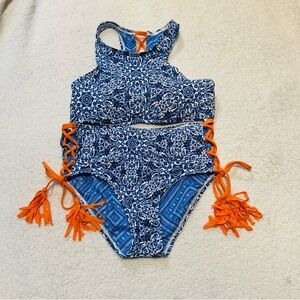 NWOT Women’s Blue & Orange Bikini with Decorative Tassels Size Large Swimsuit